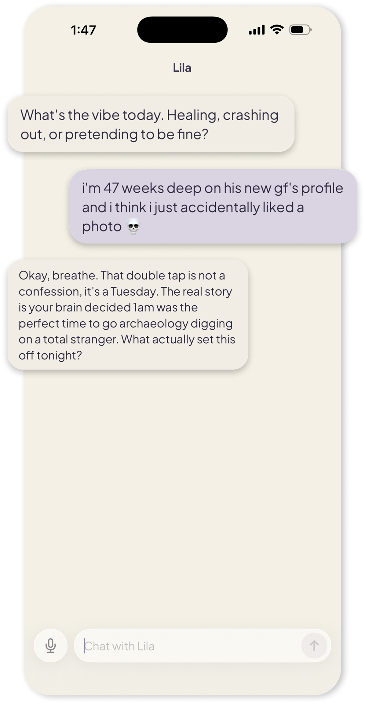 A conversation with Lila, Glow’s AI companion, helping someone work through a late-night social media spiral