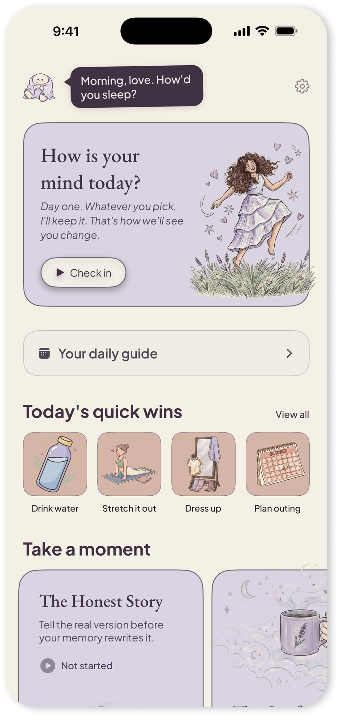 Glow’s Today screen with a mood check-in, small daily wins, and guided reflections