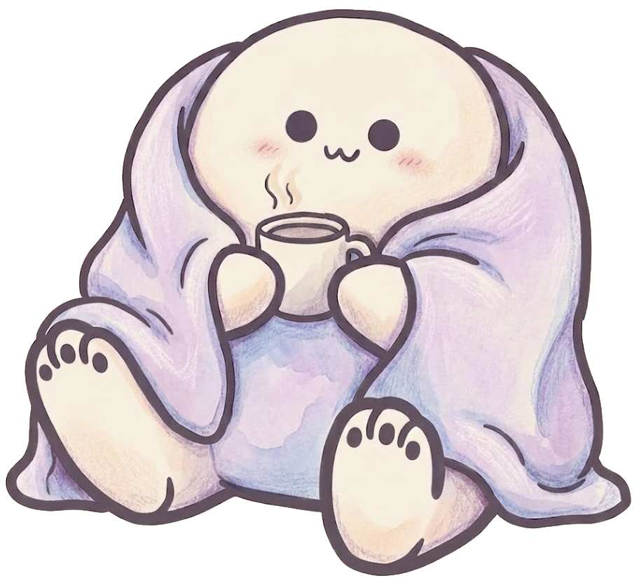 Glow’s cosy mascot, wrapped in a lavender blanket with a warm cup